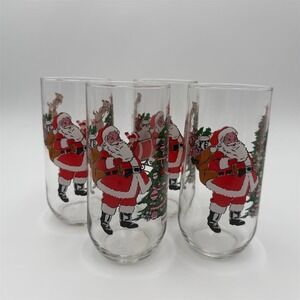 Vintage Luminarc Christmas Santa Sleigh Reindeer Tree‎ Tumblers Set of 4